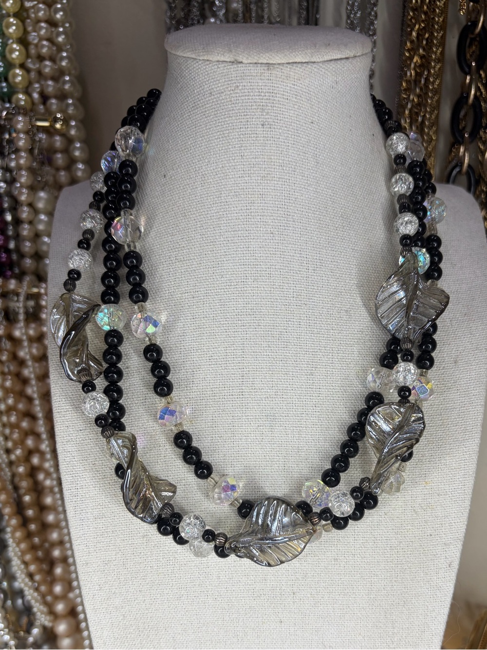 Vintage Glass Necklace Multistrand AB Beads Black Smokey Beaded Jewelry Leaf